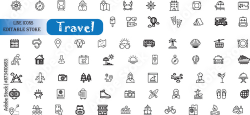 Travel icon set. Summer vacations and holiday symbol vector illustration. Сlipart with travelling elements, bags, transport, map, palm, seashells, bikini. 