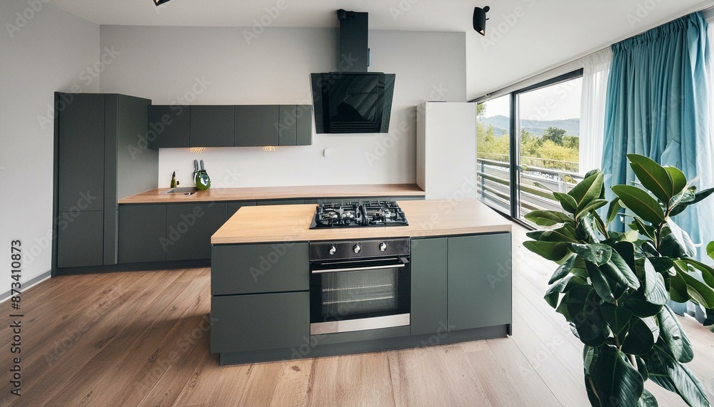 Modern minimalist style kitchen with a stove with a hood Modern minimalist style kitchen with a stove with a hood