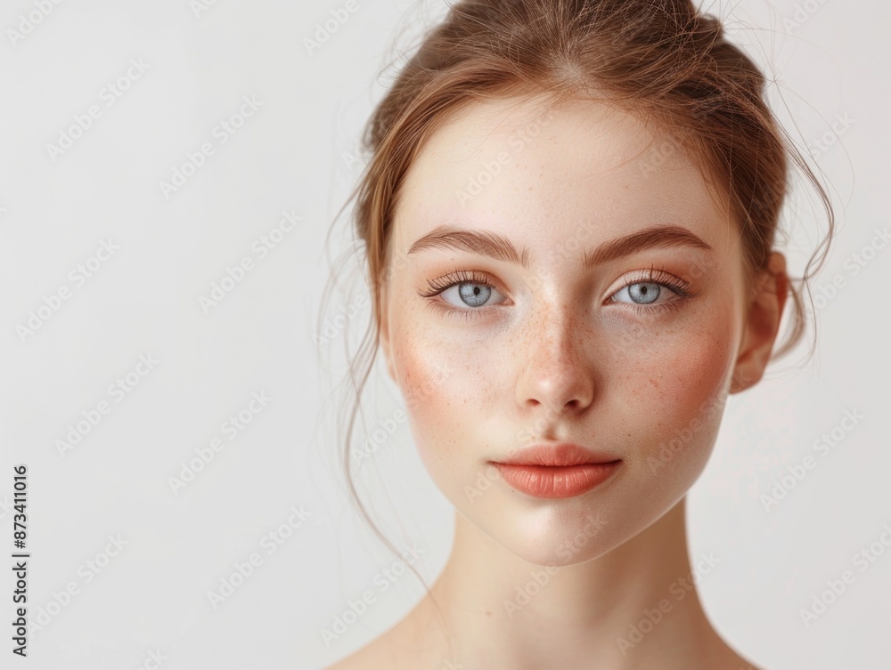 A woman with light brown hair and blue eyes is wearing makeup. She has a light pink lip color and her hair is styled in a bun A woman with light brown hair and blue eyes is wearing makeup. She has a light pink lip color and her hair is styled in a bun