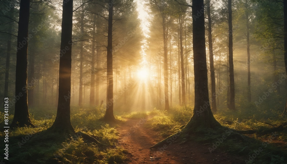Obraz premium Golden sunlight illuminates a misty forest path