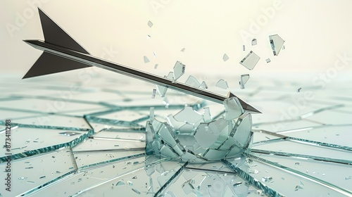 A 3D arrow breaking through glass, symbolizing breakthrough financial gains and success, with shards around the base on a white surface. photo