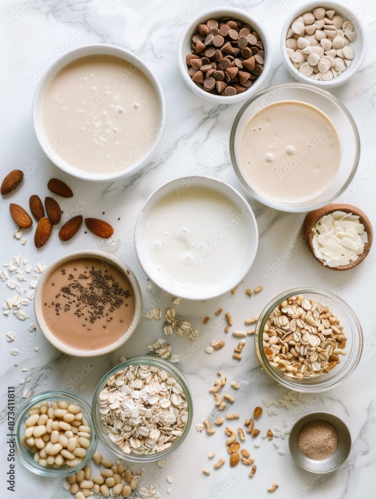 A variety of ingredients are laid out on a marble countertop, including nuts, oats, and chocolate chips. The scene suggests a kitchen or a baking area, where someone is preparing a dessert or a snack A variety of ingredients are laid out on a marble countertop, including nuts, oats, and chocolate chips. The scene suggests a kitchen or a baking area, where someone is preparing a dessert or a snack