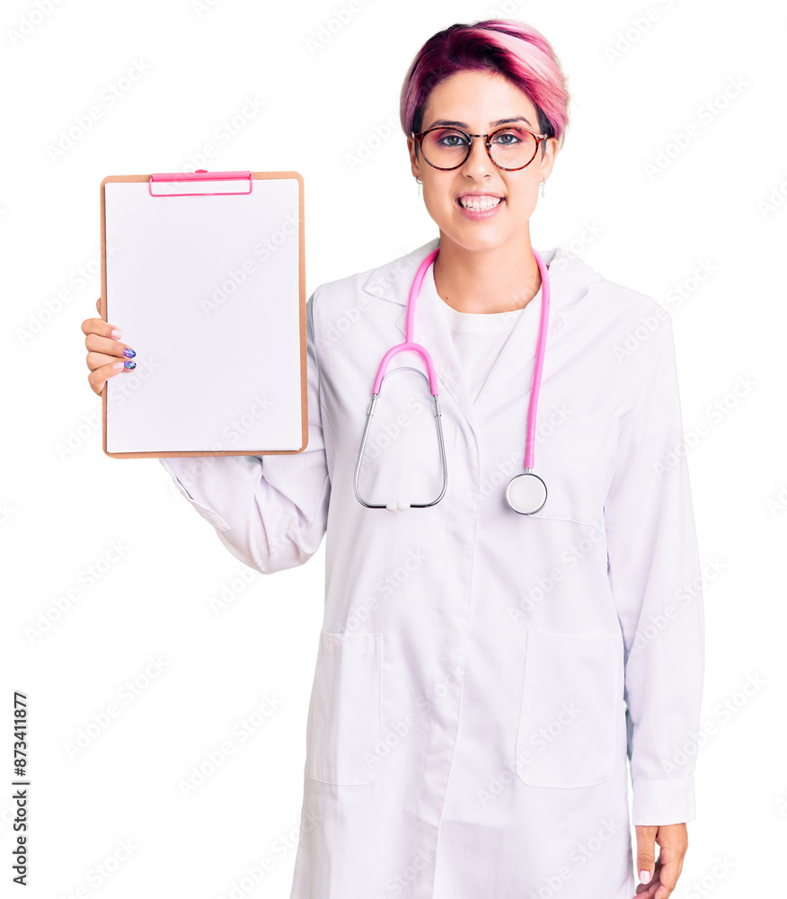 Young beautiful woman with pink hair wearing doctor stethoscope holding clipboard with medical report looking positive and happy standing and smiling with a confident smile showing teeth Young beautiful woman with pink hair wearing doctor stethoscope holding clipboard with medical report looking positive and happy standing and smiling with a confident smile showing teeth