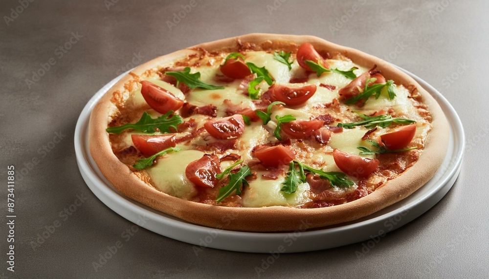 pizza with bacon, cheese and tomatoes; top view, gray background pizza with bacon, cheese and tomatoes; top view, gray background