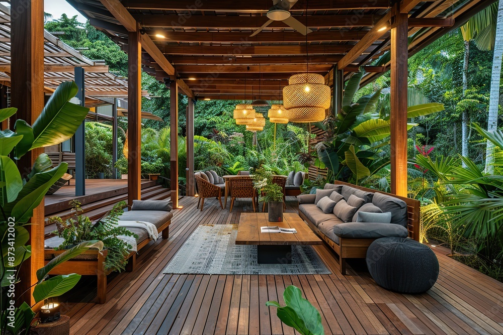 Fototapeta premium Modern terrace with wooden floor and furniture on amazing green jungle background