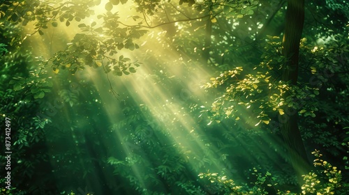 A lush forest scene with Pantone shades of emerald green and gold sunlight filtering through the leaves, creating a trending natural backdrop.