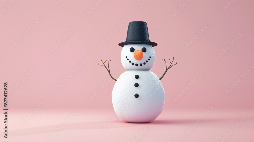 A clean and simple illustration of a snowman with a black hat, orange carrot nose, and twig arms on a pink background A clean and simple illustration of a snowman with a black hat, orange carrot nose, and twig arms on a pink background