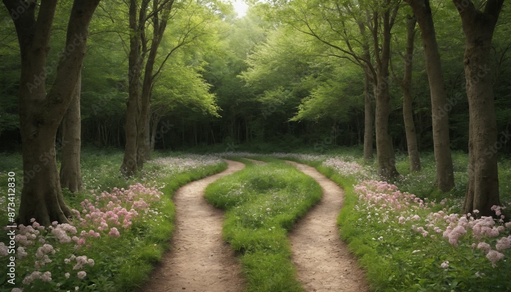 Sun-dappled path through a springtime forest, leading to a misty horizon Sun-dappled path through a springtime forest, leading to a misty horizon