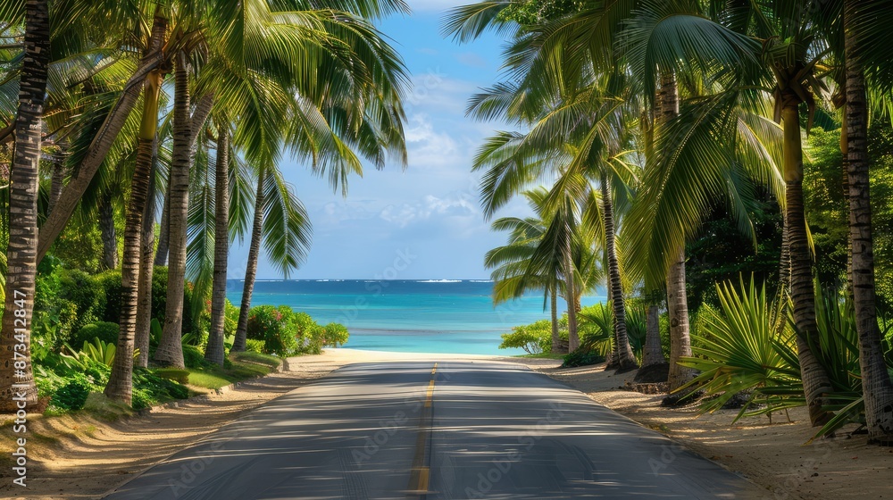 A lush tropical road lined with palm trees, leading to a secluded beach with clear blue waters visible at the end of the path. A lush tropical road lined with palm trees, leading to a secluded beach with clear blue waters visible at the end of the path.