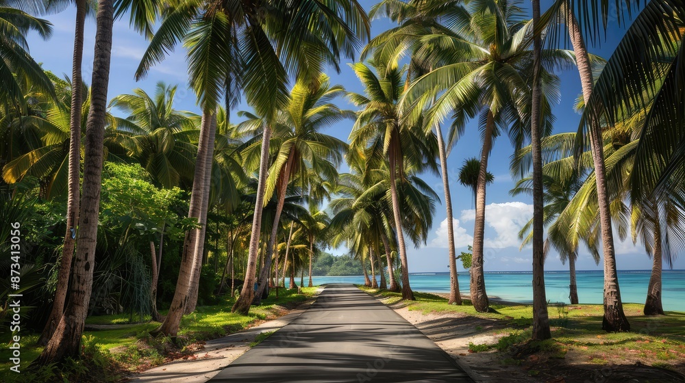 A lush tropical road lined with palm trees, leading to a secluded beach with clear blue waters visible at the end of the path. A lush tropical road lined with palm trees, leading to a secluded beach with clear blue waters visible at the end of the path.