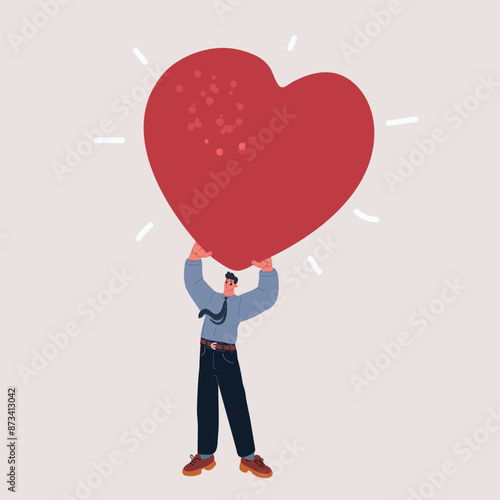 Carton vector illustration of Man holding a red heart. Valentine's day, business customer care, charity, social and corporate responsibility