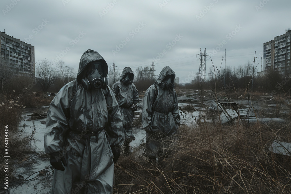a group of people or scientists in a chemical protective suit with a protective mask on their face in a pollution zone, an ecological urban disaster