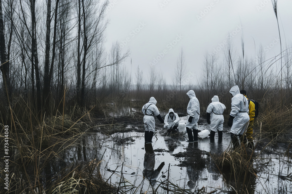 a group of people or scientists in a chemical protective suit with a protective mask on their face in a pollution zone, an ecological urban disaster
