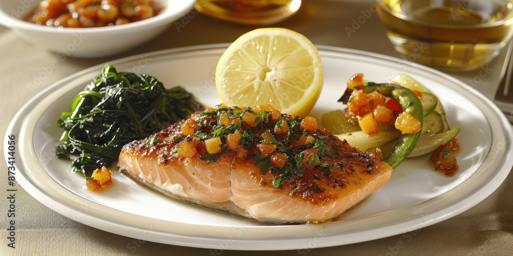 Grilled Salmon Fillet with Spinach, Zucchini, and Lemon on a White Plate - Healthy Gourmet Seafood Dish - Perfect for Dinner Recipes Grilled Salmon Fillet with Spinach, Zucchini, and Lemon on a White Plate - Healthy Gourmet Seafood Dish - Perfect for Dinner Recipes