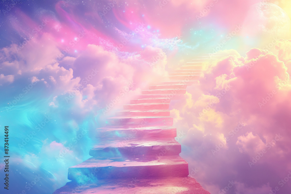 A fabulous multi colored staircase leading to the sky. Pastel colors, airy light clouds, stairs to the clouds.