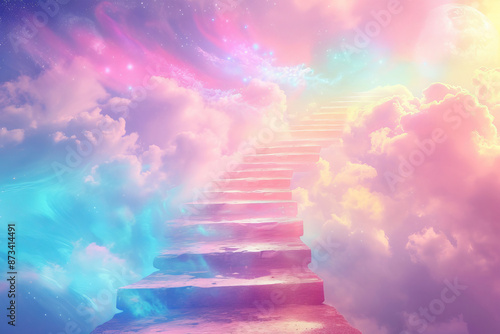 Obraz na płótnie A fabulous multi colored staircase leading to the sky. Pastel colors, airy light clouds, stairs to the clouds. w salonie