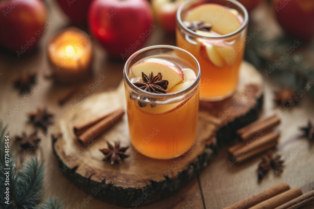 Warm spiced apple cider in glasses adorned with cinnamon sticks, surrounded by festive autumn decor Warm spiced apple cider in glasses adorned with cinnamon sticks, surrounded by festive autumn decor