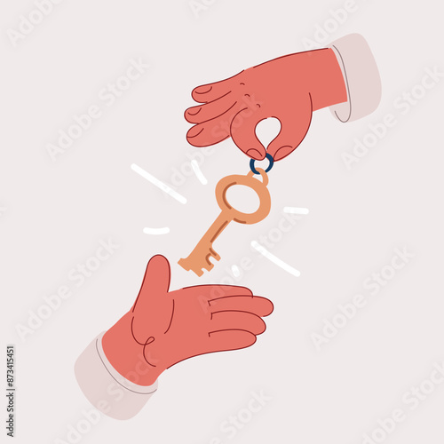 Carton vector illustration of Businessman, insurance sales agent handing over house and car keys to customer in trading or renting in mutual agreement at security concept office 