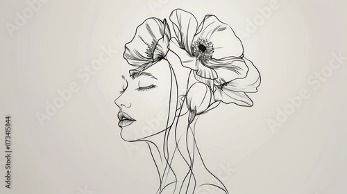 A minimalist floral sketch, using black and white flower outlines to suggest the subtle features of a woman's face, merging nature with human allure.