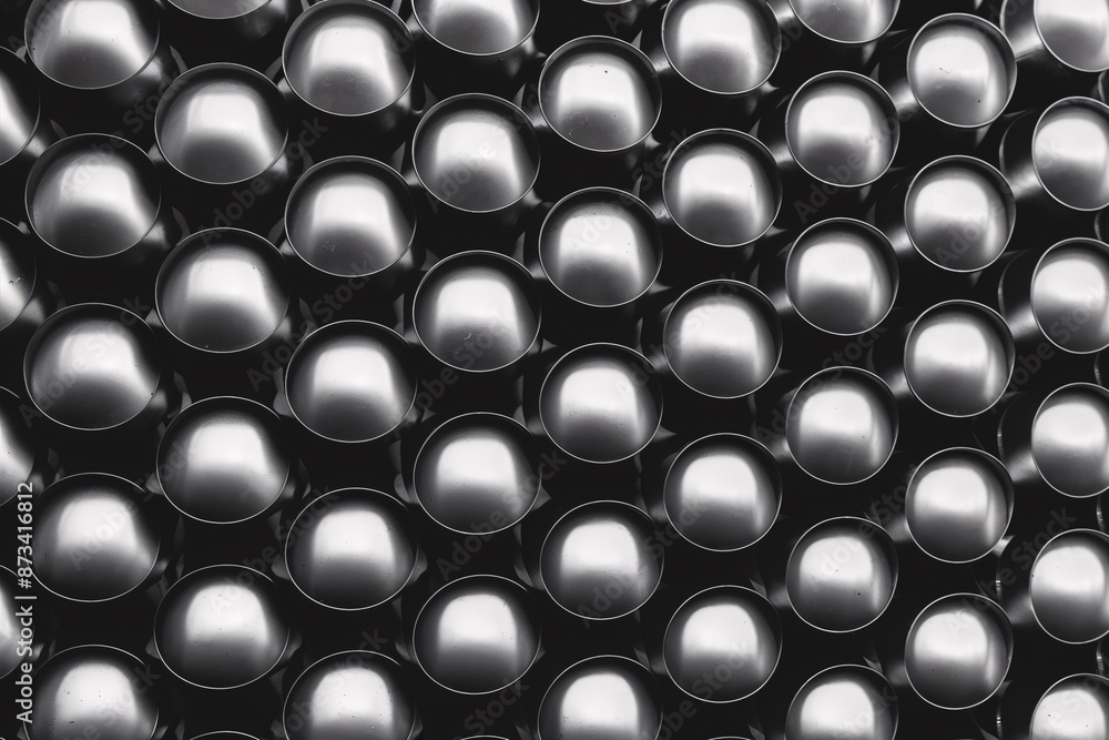 A pattern of shiny silver metal bubbles with a black background.

