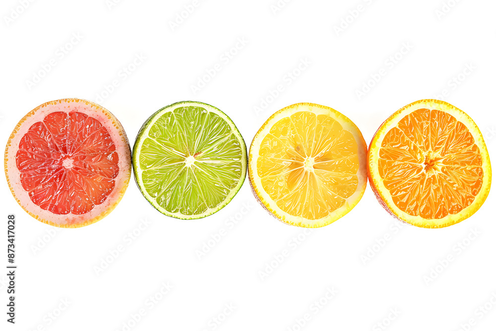 Citrus slices half in a row isolated on white background Citrus slices half in a row isolated on white background