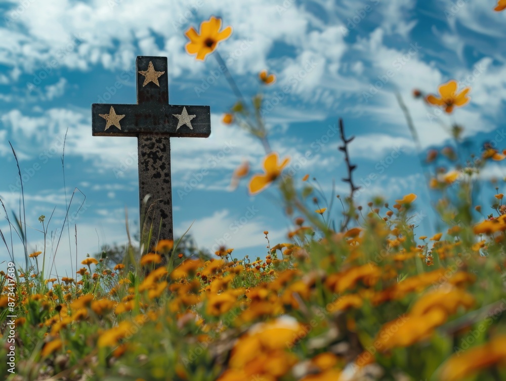 A cross is in a field of yellow flowers. The cross is surrounded by a lot of flowers, and the sky is blue. The scene is peaceful and serene, with the cross standing out as a symbol of hope and faith