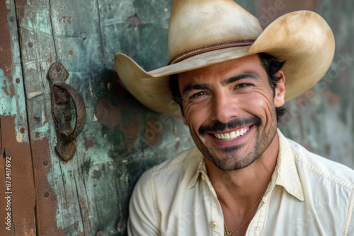 Hispanic handsome man smiling, cowboy