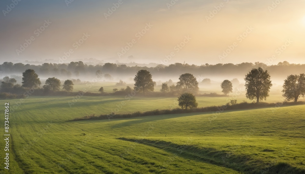Golden light bathes the misty morning landscape with rolling hills and silhouetted trees Golden light bathes the misty morning landscape with rolling hills and silhouetted trees