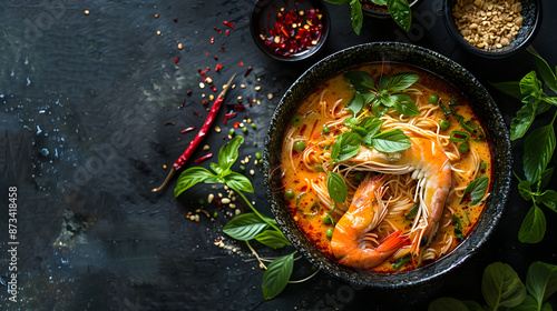 Steaming bowl of Laksa with rich coconut curry, prawns, noodles and fresh herbs