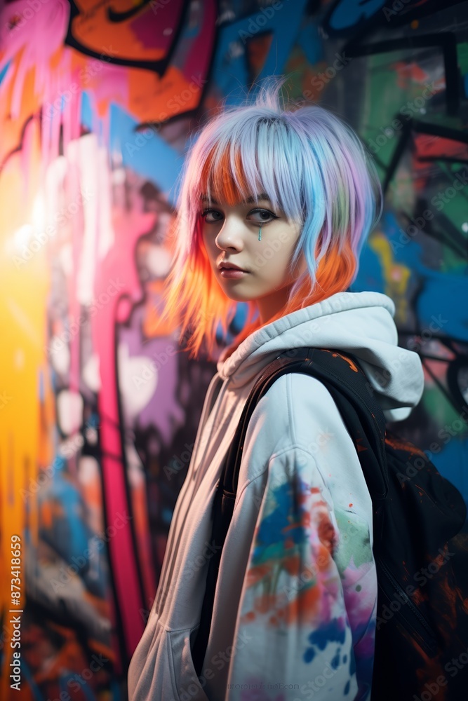 A young person with vibrant, multicolored hair stands against a graffiti-covered wall, wearing a splattered hoodie and a backpack, illuminated by vivid street art lighting. A young person with vibrant, multicolored hair stands against a graffiti-covered wall, wearing a splattered hoodie and a backpack, illuminated by vivid street art lighting.