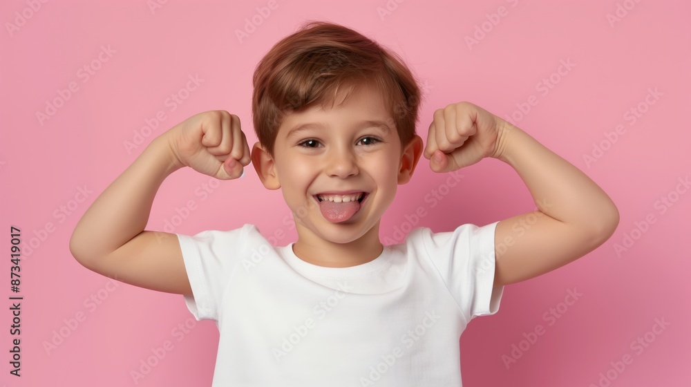 A young boy is smiling and flexing his muscles. Concept of strength and confidence A young boy is smiling and flexing his muscles. Concept of strength and confidence