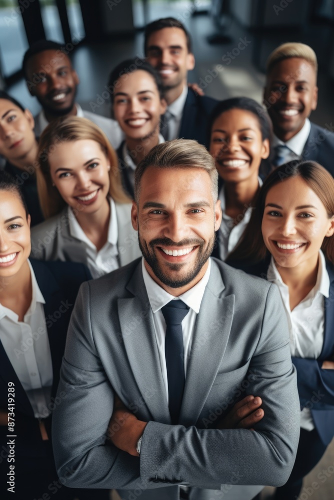 A group of people in suits and ties are smiling and posing for a photo. Scene is happy and professional A group of people in suits and ties are smiling and posing for a photo. Scene is happy and professional