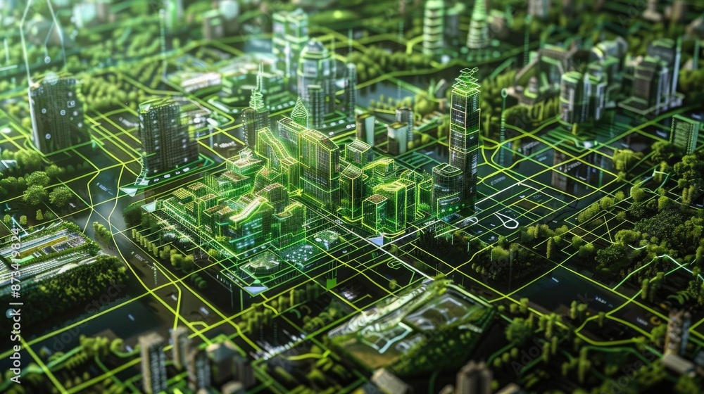 Obraz premium Abstract city with green circuit board. A futuristic representation of a city integrated with technology and nature.