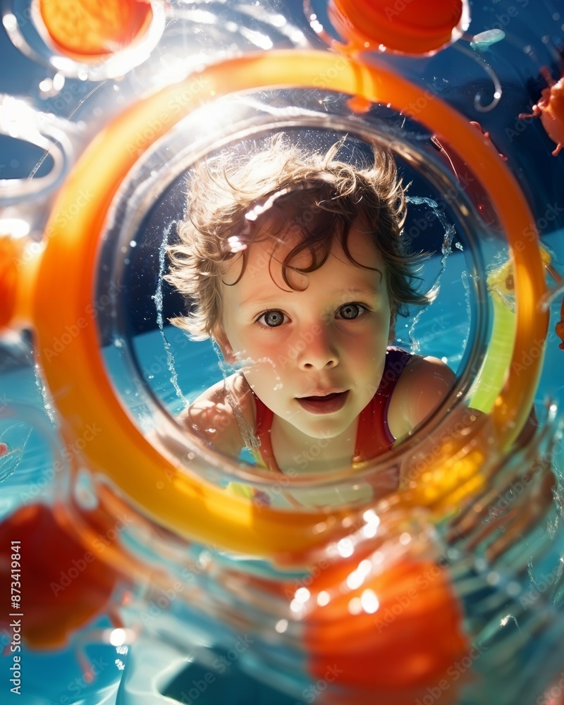A child peers through a colorful inflatable ring in a pool on a sunny day, capturing a moment of curiosity and playful immersion. A child peers through a colorful inflatable ring in a pool on a sunny day, capturing a moment of curiosity and playful immersion.