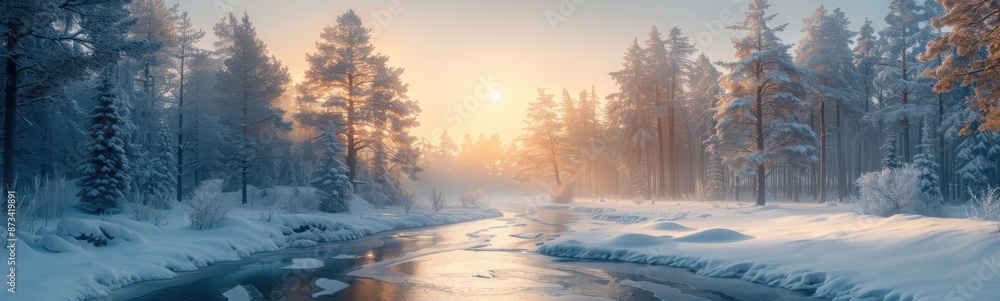 Fototapeta premium Snowy river in a forest with trees and snow, winter forest background , Banner