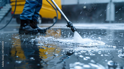 Guy pressure washing the floor photo