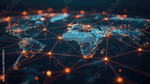 Plakat Abstract world map with glowing lines representing global connectivity and network.