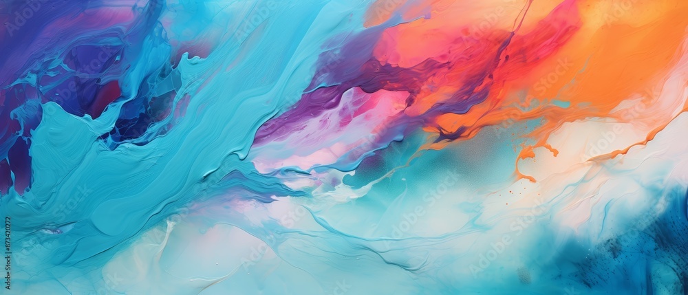 An abstract painting with vibrant swirls of turquoise, pink, orange, and purple, creating a dynamic and fluid composition. An abstract painting with vibrant swirls of turquoise, pink, orange, and purple, creating a dynamic and fluid composition.