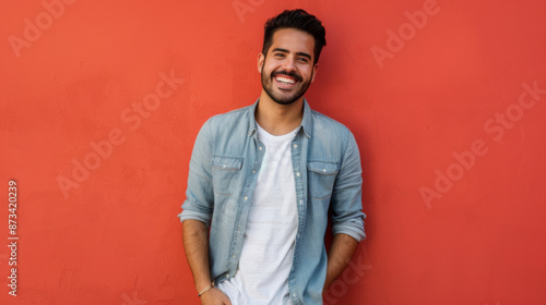 hispanic handsome man smiling Hands in a pockets isolated on a red background