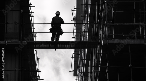 silhouette photo of a construction worker on top a bridge joining a pathway between two building photo