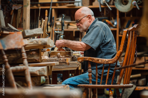  A carpenter man sanding and polishing furniture in his workshop, showcasing the process of upcycling old furniture.