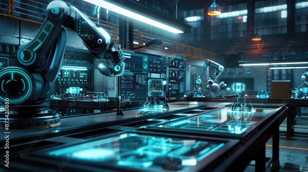 Futuristic robotic arm in a high-tech laboratory. Blue and black color scheme. Sci-fi and technology theme. Futuristic robotic arm in a high-tech laboratory. Blue and black color scheme. Sci-fi and technology theme.