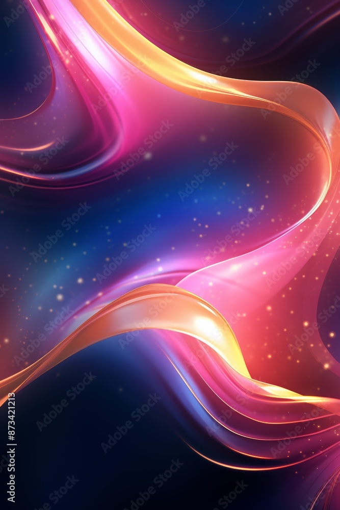 A vibrant digital abstract artwork with flowing ribbons of pink, orange, and blue, set against a starry backdrop.