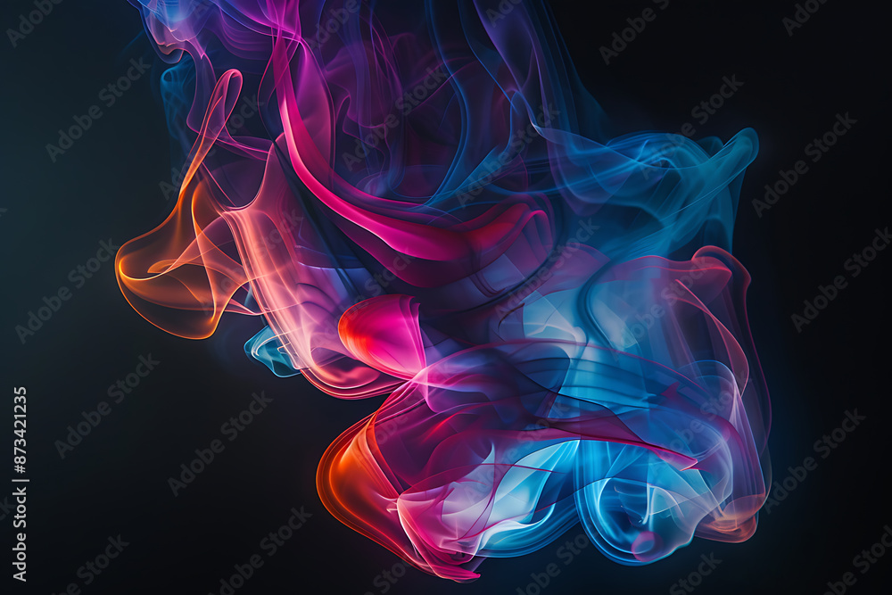 Floating smoke-like shapes in various colors on a black background, creating an ethereal and mesmerizing visual effect. Floating smoke-like shapes in various colors on a black background, creating an ethereal and mesmerizing visual effect.