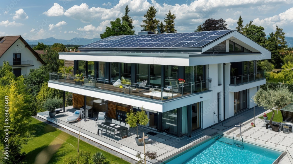 Fototapeta premium Modern house with solar panels on roof, swimming pool, and lush green lawn.