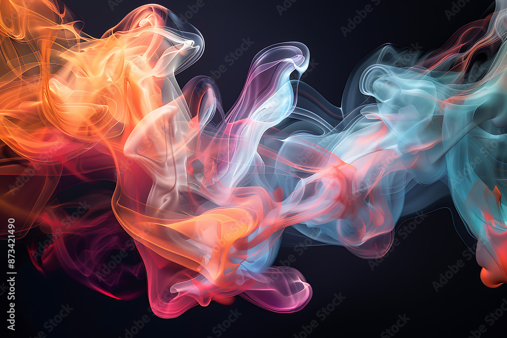 Floating smoke-like shapes in various colors on a black background, creating an ethereal and mesmerizing visual effect. Floating smoke-like shapes in various colors on a black background, creating an ethereal and mesmerizing visual effect.
