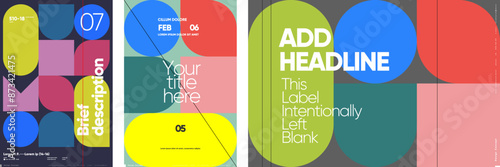 A collection of trendy posters with customizable headlines and descriptions, featuring geometric shapes and vibrant colors. These designs are perfect for modern promotional materials like banners.