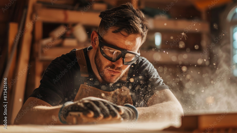 A carpenter man sanding and polishing furniture in his workshop, showcasing the process of upcycling old furniture. A carpenter man sanding and polishing furniture in his workshop, showcasing the process of upcycling old furniture.