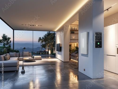 Modern living room with large windows overlooking a scenic view.  The room features sleek white furniture and a minimalist design. photo