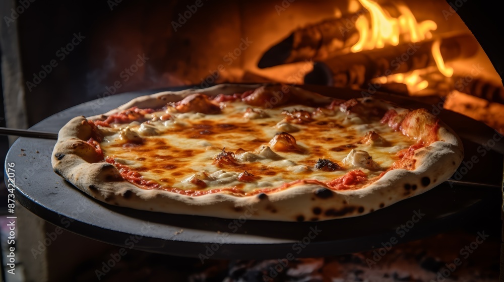 A delicious pizza with melted cheese and a charred crust, being baked in a wood-fired oven with visible flames behind. A delicious pizza with melted cheese and a charred crust, being baked in a wood-fired oven with visible flames behind.